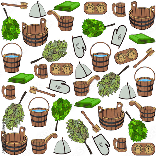 Bath accessories pattern. Broom, hat, towel, basin, bucket, brush, thermometer, hygrometer, ladle, bath mug. Vector illustration
