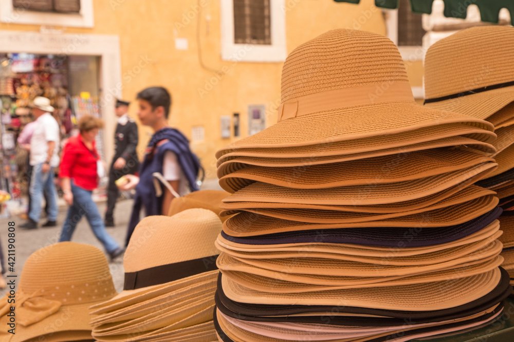 Sun Protective Hats For Sale At The Market On The Streets Of Rome