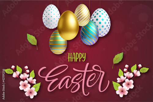 Happy Easter lettering background with 3d realistic gold, white and blue glittering decorated eggs and flowers.