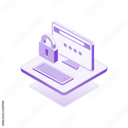 Icon desktop with lock, isometric design infographic