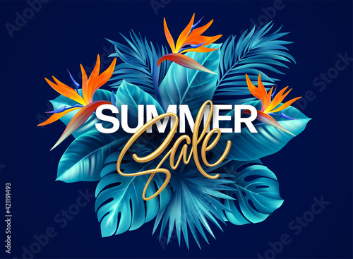 Summer tropical background with Strelitzia flowers and tropical leaves. The golden inscription Summer Sale on a background of tropical green leaves. Summer Sale concept. Vector illustration