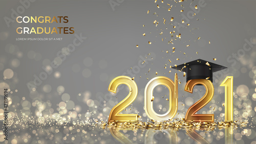 Banner for design of graduation 2021. Golden numbers with graduation cap and confetti on background with effect bokeh. Congratulations graduates 2021. Vector illustration for degree ceremony design.
