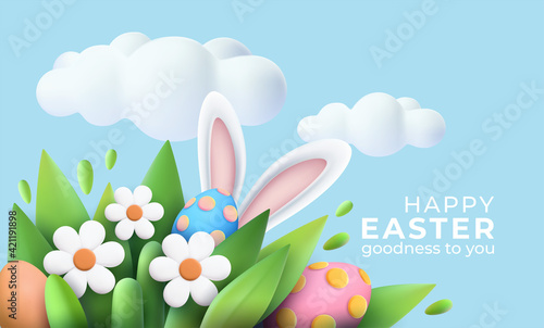 Canvas Print 3D trendy Realistic Easter greeting card, banner with flowers, Easter eggs and clouds
