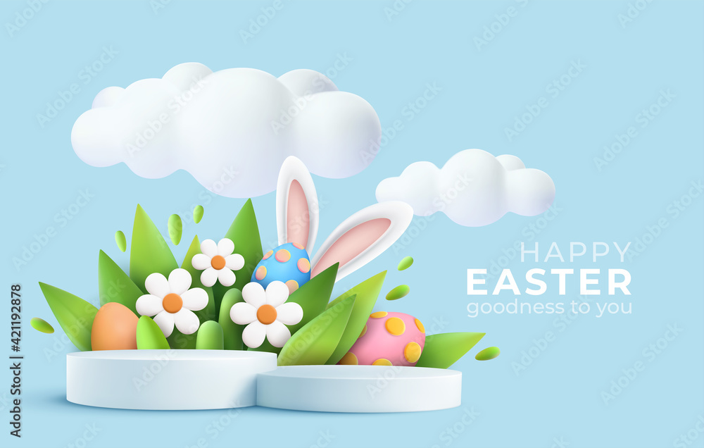 3D trendy Easter greeting with 3d product podium, spring flower, cloud, Easter egg and bunny. Spring floral Modern 3d Easter graphic concept. Vector illustration 3D trendy Easter greeting with 3d product podium, spring flower, cloud, Easter egg and bunny. Spring floral Modern 3d Easter graphic concept. Vector illustration