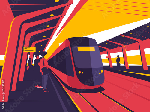 On a station platform. Vector illustration on the subject of train, tram, subway ride