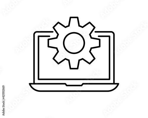Technical support icon. Computer service. Gears on screen laptop. Isolated vector illuatration in flat style.