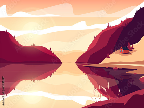 Colorful vector illustration of a scandinavian fjord at sunset