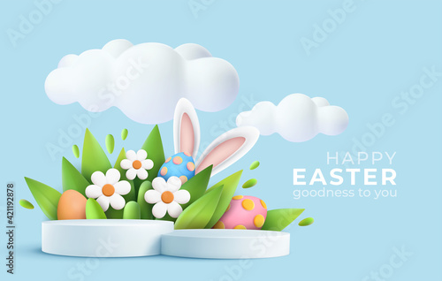 3D trendy Easter greeting with 3d product podium, spring flower, cloud, Easter egg and bunny. Spring floral Modern 3d Easter graphic concept. Vector illustration