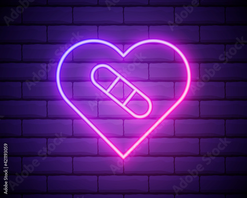 Glowing neon line Healed broken heart or divorce icon isolated on brick wall background. Shattered and patched heart. Love symbol. Valentines day. Vector Illustration.