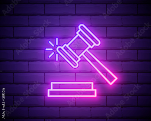 Gavel, law neon icon. Elements of Law and Justice set. Simple icon for websites, web design, mobile app, info graphics isolated on brick wall
