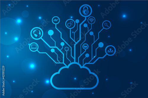 Cloud computing, Cyber technology background, internet data storage, database and mobile server concept, Cloud Computing network with internet icons. Vector illustration