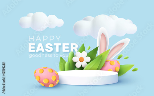 3D trendy Easter greeting with 3d product podium, spring flower, cloud, Easter egg and bunny. Spring floral Modern 3d Easter graphic concept. Vector illustration