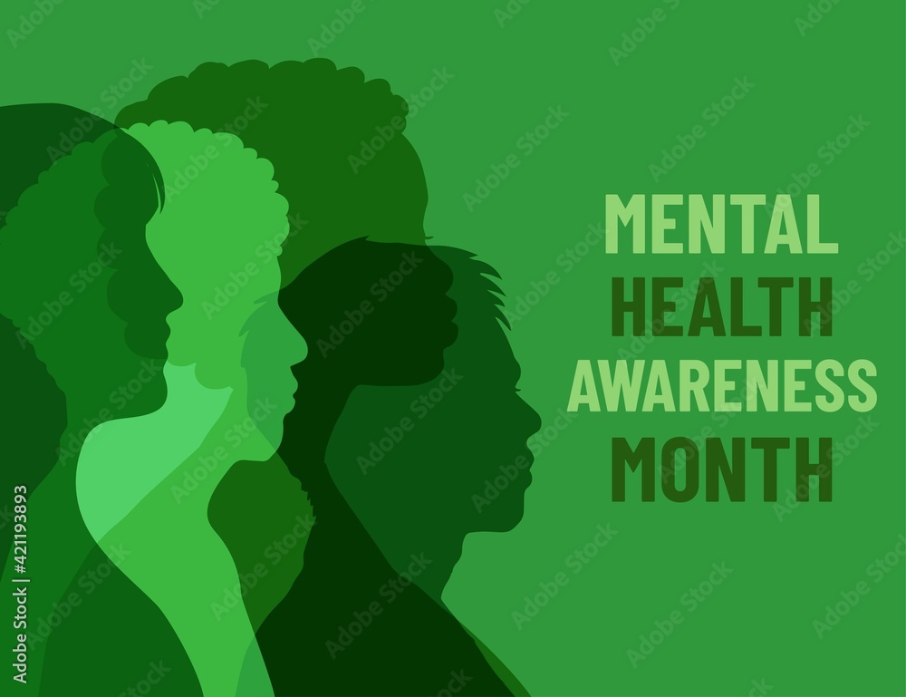 Mental Health Awareness Month. Poster with different people on green