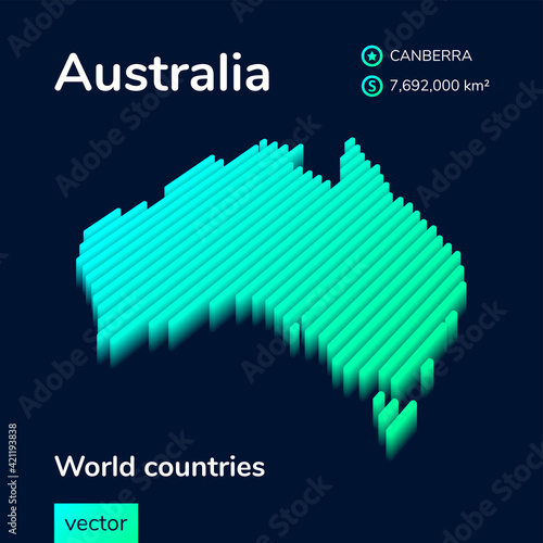 Stylized striped vector  neon isometric Australia map with 3d effect. Map of Australia is in green and mint colors on the dark blue background