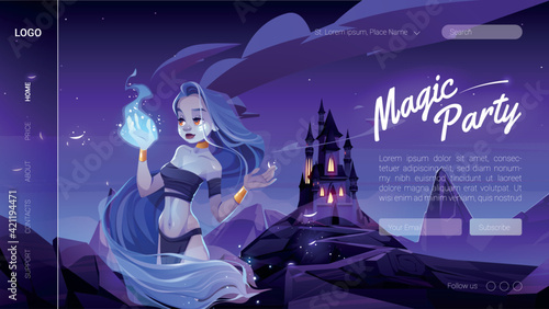 Magic banner with mystic girl in night forest