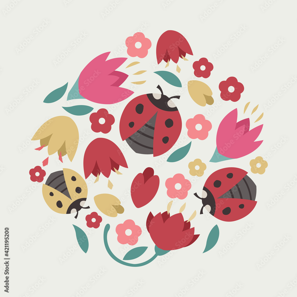 Pattern with ladybugs and flowers on a white background in a flat style, vector format Pattern with ladybugs and flowers on a white background in a flat style, vector format