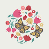 Pattern with butterflies and colorful flowers on a white background in a flat style, vector format