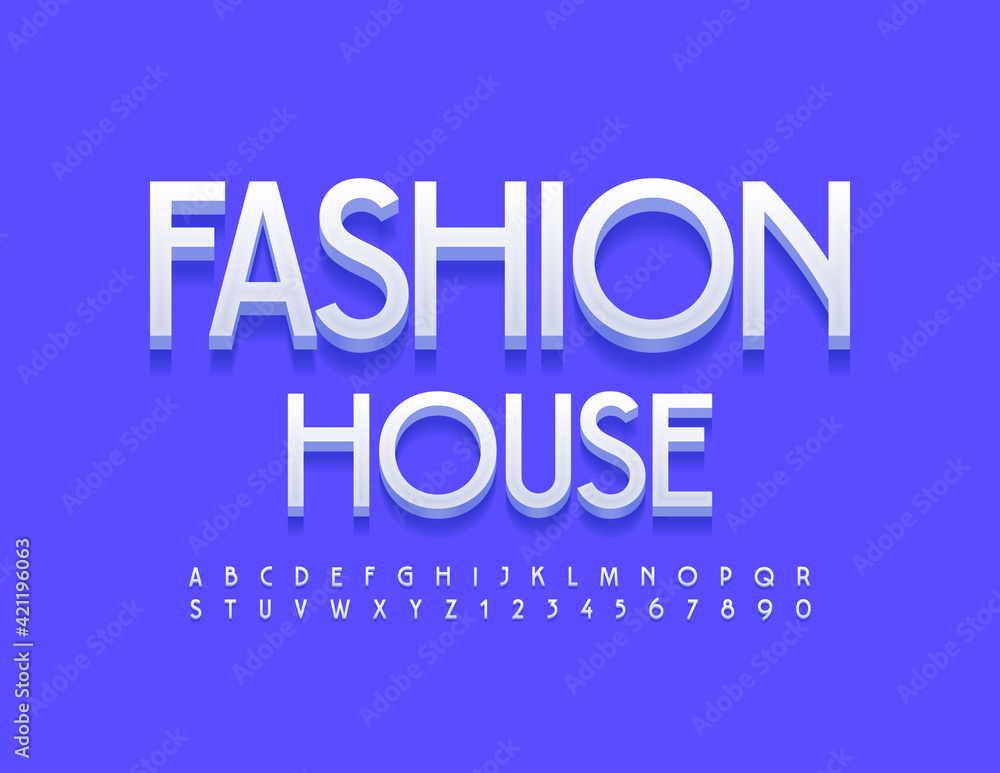 Vector stylish logo Fashion House. Elegant 3D Font. Artistic Alphabet Letters and Numbers