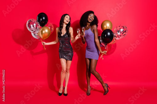 Full size photo of brunette pretty women hold balloons champagne wear glamour outfit look empty space isolated on red color background