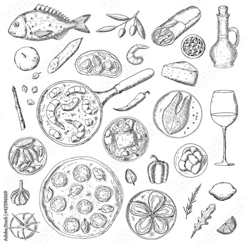 Mediterranean food. Vector illustrations. Isolated objects on white.
