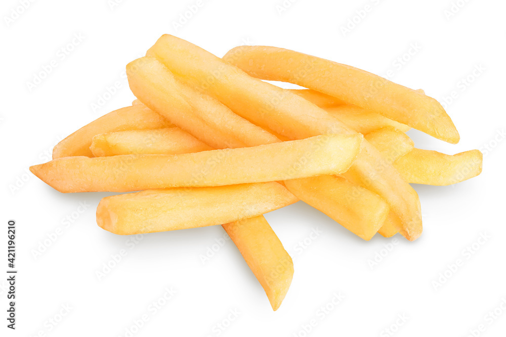 French fries or fried potatoes isolated on white background with clipping path and full depth of field French fries or fried potatoes isolated on white background with clipping path and full depth of field