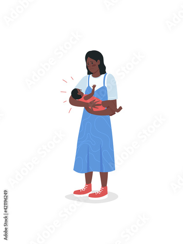 Worried young mother with screaming baby flat color vector detailed characters. Postpartum depression. African american family isolated cartoon illustration for web graphic design and animation