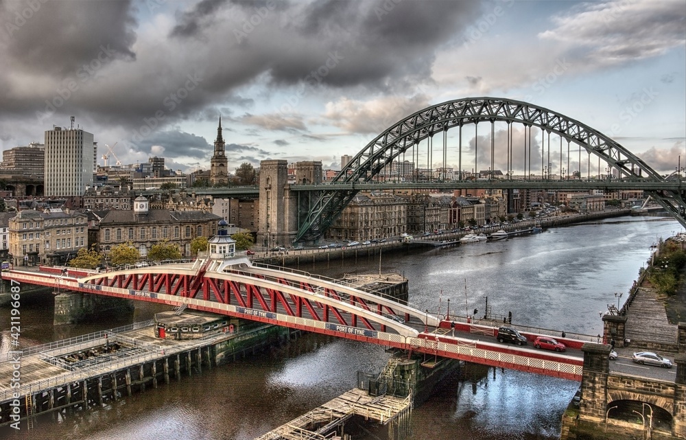 Newcastle city Skyline with Tyne and other Bridges in view at Newcastle Quayside