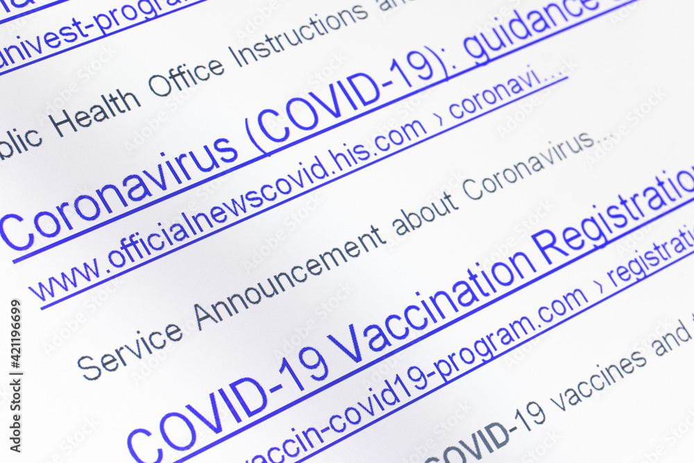 Internet search results for coronavirus with The links of imaginary no-existing websites on display, close up.