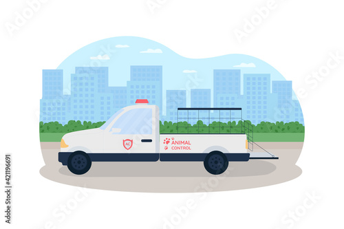 Animal control truck 2D vector web banner, poster. Vehicle to catch stray dogs. Automobile on city road flat scenery on cartoon background. Homeless pet rescue printable patch, colorful web element
