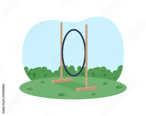 Hoop for pet training 2D vector web banner, poster. Dog competition course flat scenery on cartoon background. Playground with obstacle. Animal playground printable patch, colorful web element
