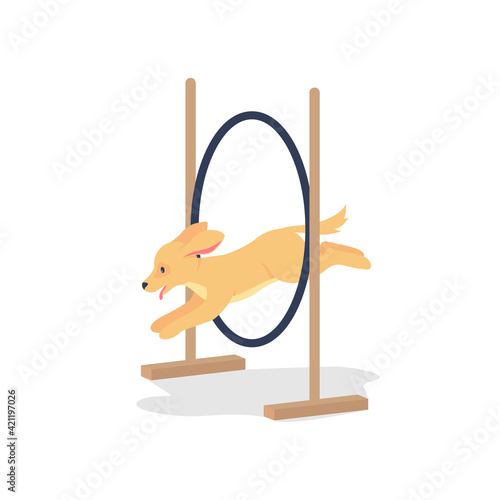 Golden spaniel jumping through hoop flat color vector detailed character. Contest for dogs. Training puppy. Animal competition isolated cartoon illustration for web graphic design and animation