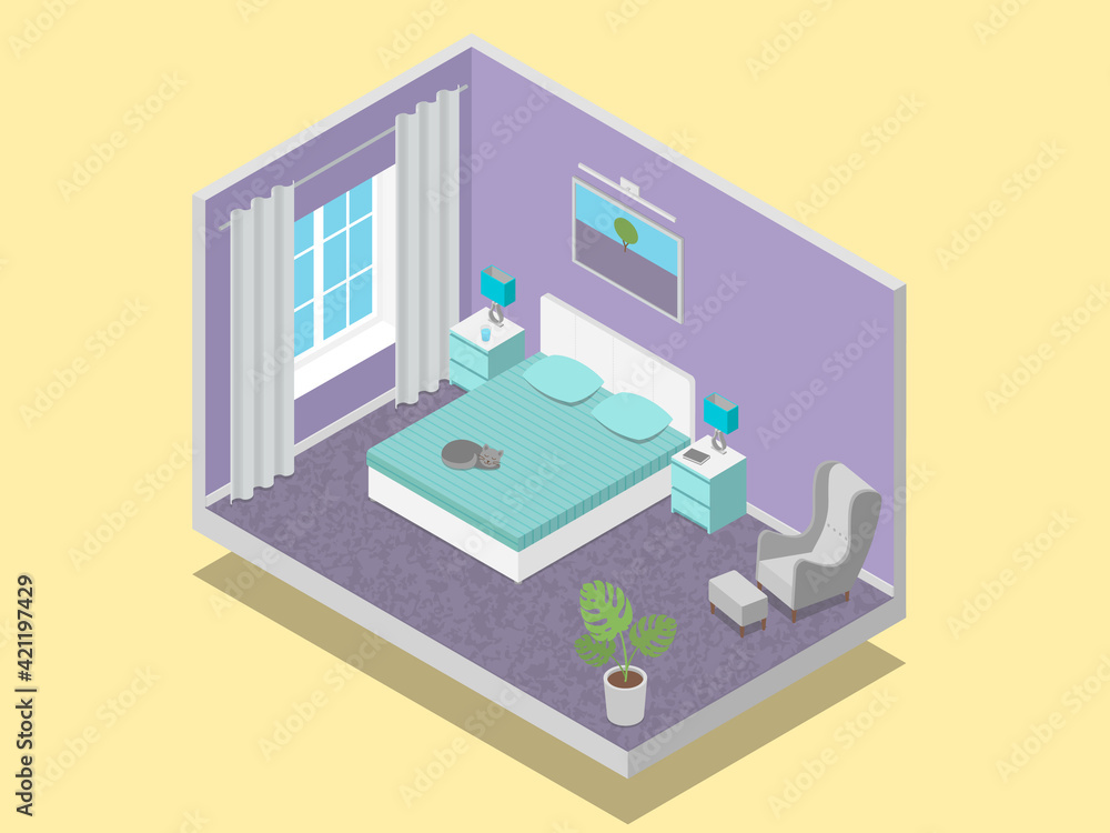 Isometric bedroom with purple walls and carpet, white bed, turquoise cover and pillows, grey armchair and curtains Isometric bedroom with purple walls and carpet, white bed, turquoise cover and pillows, grey armchair and curtains