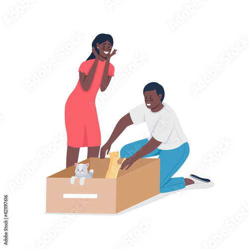 Happy african american couple find homeless cats flat color vector detailed characters. Kittens adoption. Pet care isolated cartoon illustration for web graphic design and animation