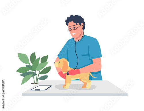 Veterinarian doctor holding puppy flat color vector detailed character. Pet health care service. Medical care for domestic animals isolated cartoon illustration for web graphic design and animation