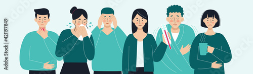 A set of sick people. Virus, headache, fever, cough, runny nose. The concept of viral diseases, coronavirus, epidemics, covid-19, colds. Illustration in flat style