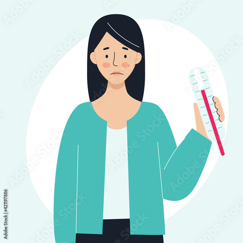A sick woman holds a thermometer in his hand. The concept of sick people, fever, colds and viral diseases, coronaviras, covid. Illustration in flat style