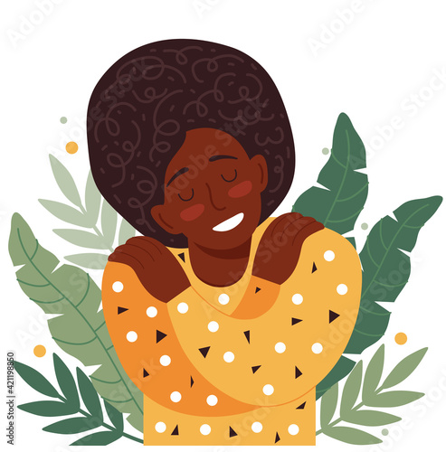 Concept of love yourself, care, acceptance, healthy lifestyle. African american woman with closed eyes smiles and hugs herself. Body positive and mental health. Happy female cartoon character.