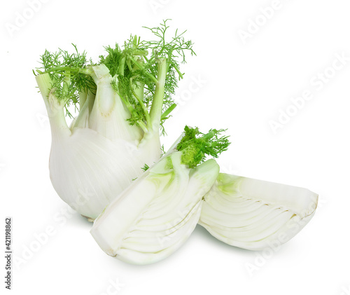 fresh fennel bulb with slice isolated on white background with full depth of field