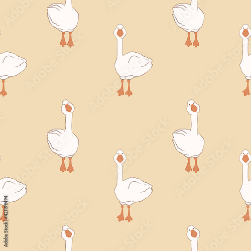 Cute white goose. Stylized farm bird. Seamless pattern background. Suitable for children's textiles, wrapping paper, packaging design, bed linen. photo