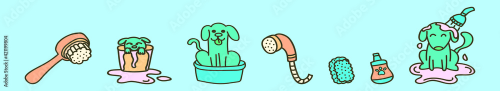 set of dog washing cartoon icon design template with various models. vector illustration isolated on blue background set of dog washing cartoon icon design template with various models. vector illustration isolated on blue background