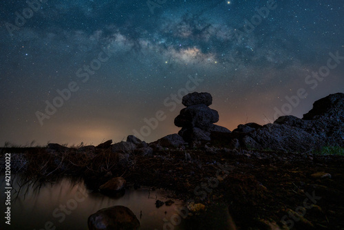 Milky Way Galaxy, Long exposure Photograph with grain. Milky way at Si Yad Dam Reservoir, Chacherngsao, Thailand. photo