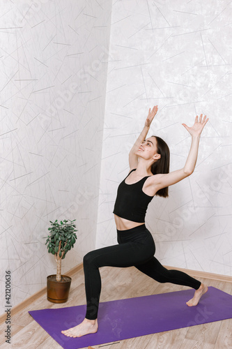 Side view high angle of cheerful slender woman doing yoga in Crescent Lunge pose with raised arms while balancing on mat in room at home 