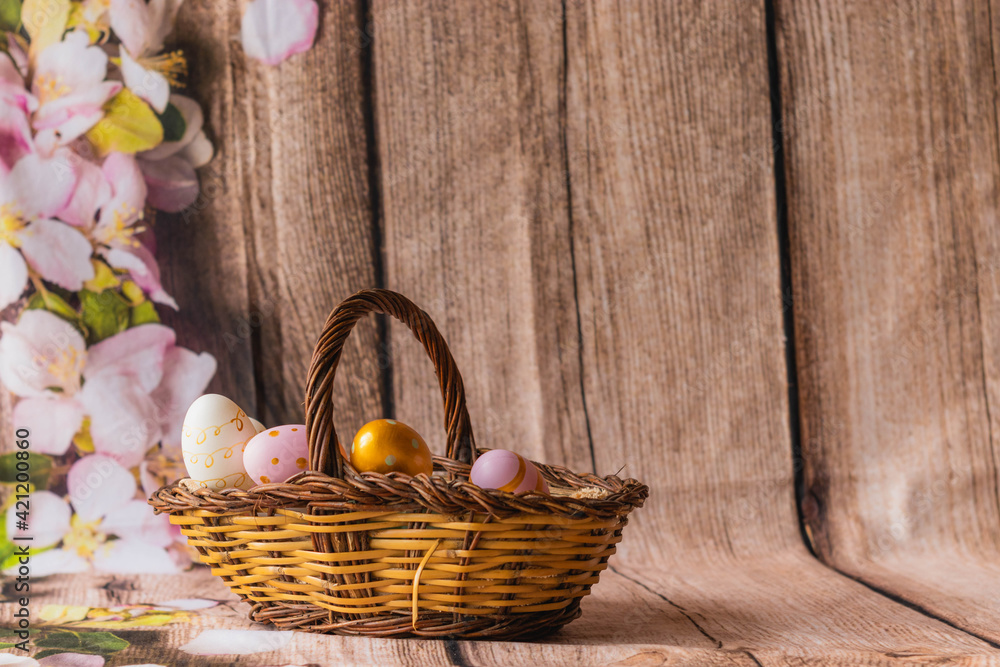 Eggs in a rústic basket. Easter egg