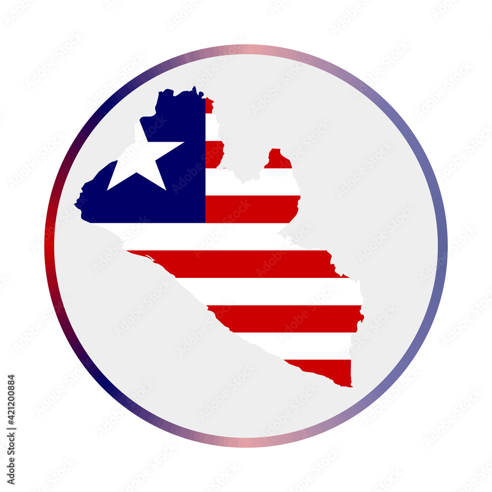 Liberia icon. Shape of the country with Liberia flag. Round sign with flag colors gradient ring. Artistic vector illustration.