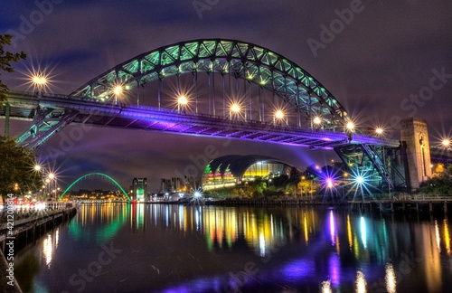 Looking down the Tyne River to Gateshead and the Tyne bridge from Newcastle Upon Tyne Quayside