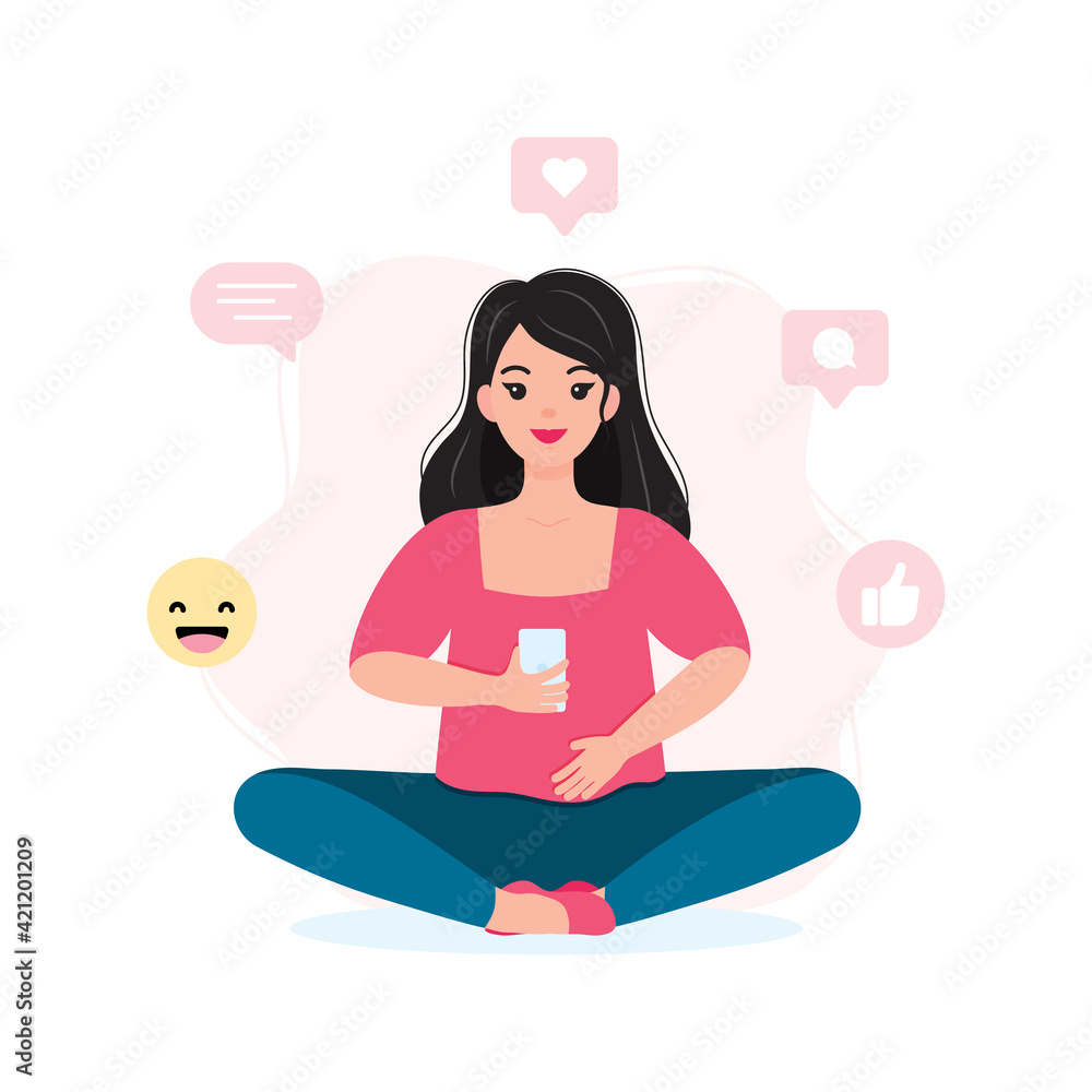 Girl uses social media on her smartphone flat vector illustration Girl uses social media on her smartphone flat vector illustration