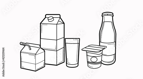 Milk Icon Set. Vector isolated black and white milk box or carton, milk bottle, yogurt and a glass of milk