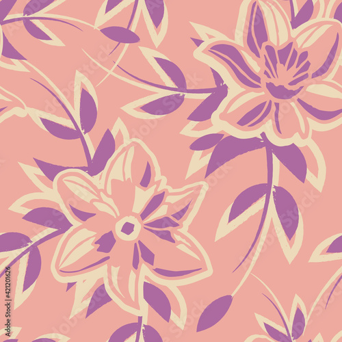Vector ecru pink violet flowers seamless pattern 
