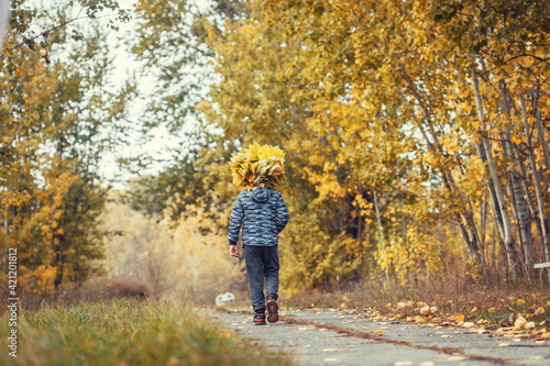 happy kid in the autumn forest wearing a wreath of yellow leaves © Dmytro Titov