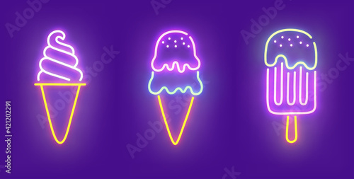 Ice cream neon icon, bright signboard, light banner. Ice cream neon icons set, emblem. Vector illustration